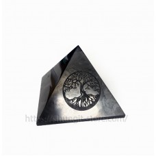 90mm Polished shungite pyramid with engraving Tree of life